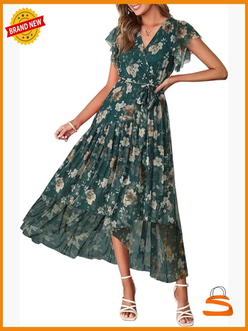 Floral V Neck Maxi Dress with Belted Waist and Mesh Hem Split